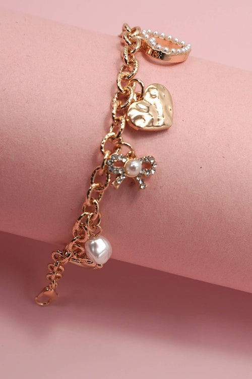 CHARM BRACELET-BOW HEART PEARL DISC CHARMS